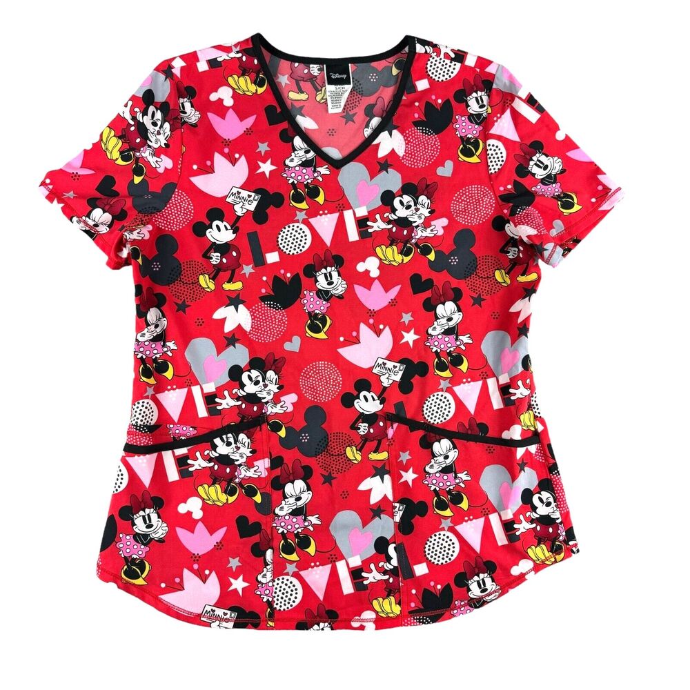 Disney Scrub Top Women's Small Red Minnie Mickey Mouse Valentine's Day Hearts